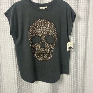Joei & I Gray Leopard Skull Short Sleeve Tee NWT